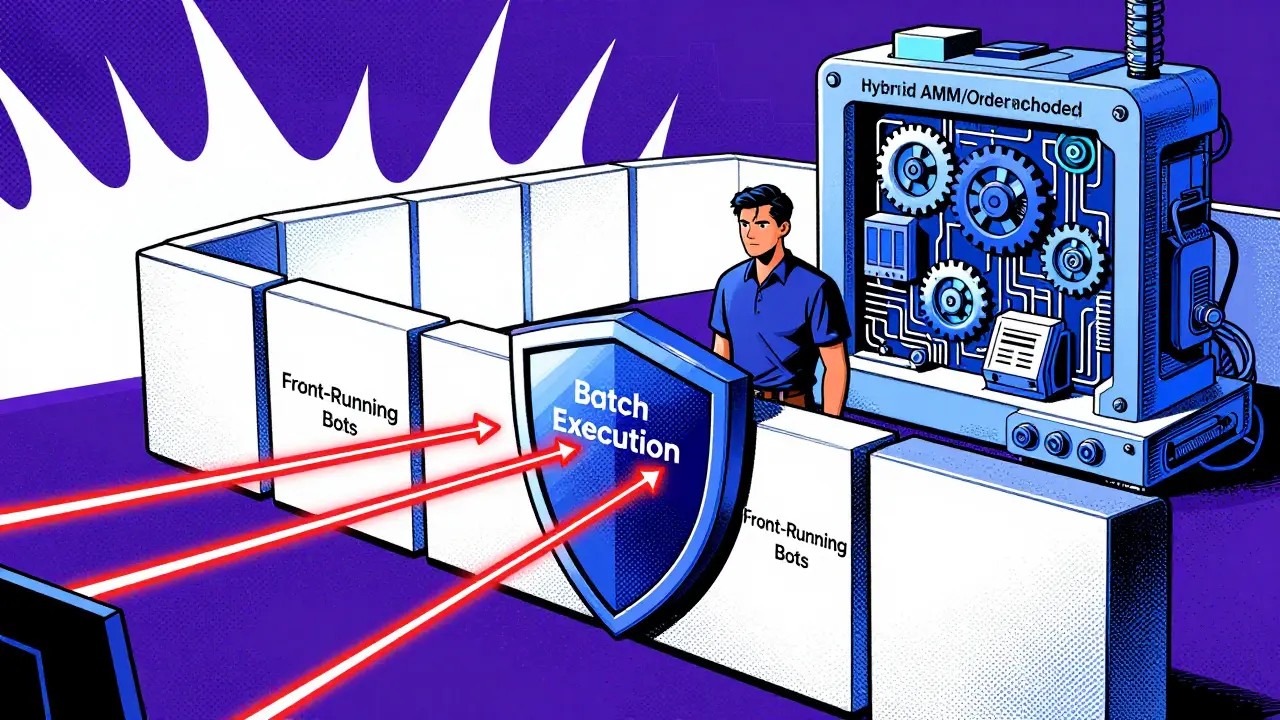 Comic art showing batch execution shield blocking front-running bots