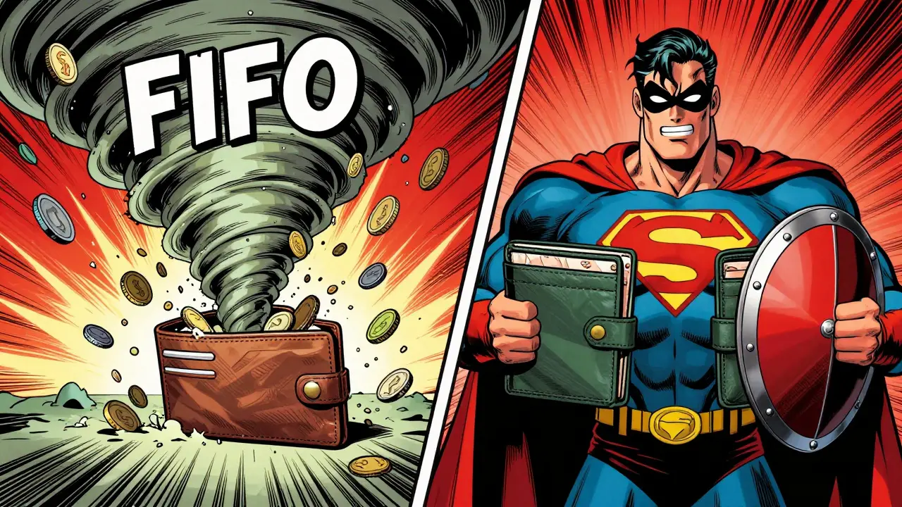 Comic art showing FIFO rule chaos vs organized separate wallets for crypto taxes