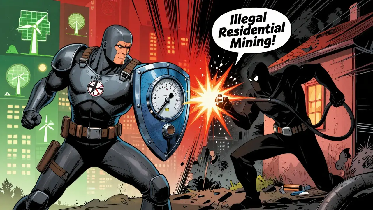 Comic art showing PVARA regulator blocking illegal residential mining with a shield of industrial tariffs.