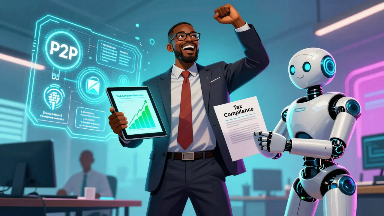 Comic art: Trader celebrates legal crypto use with tax docs and secure tech.