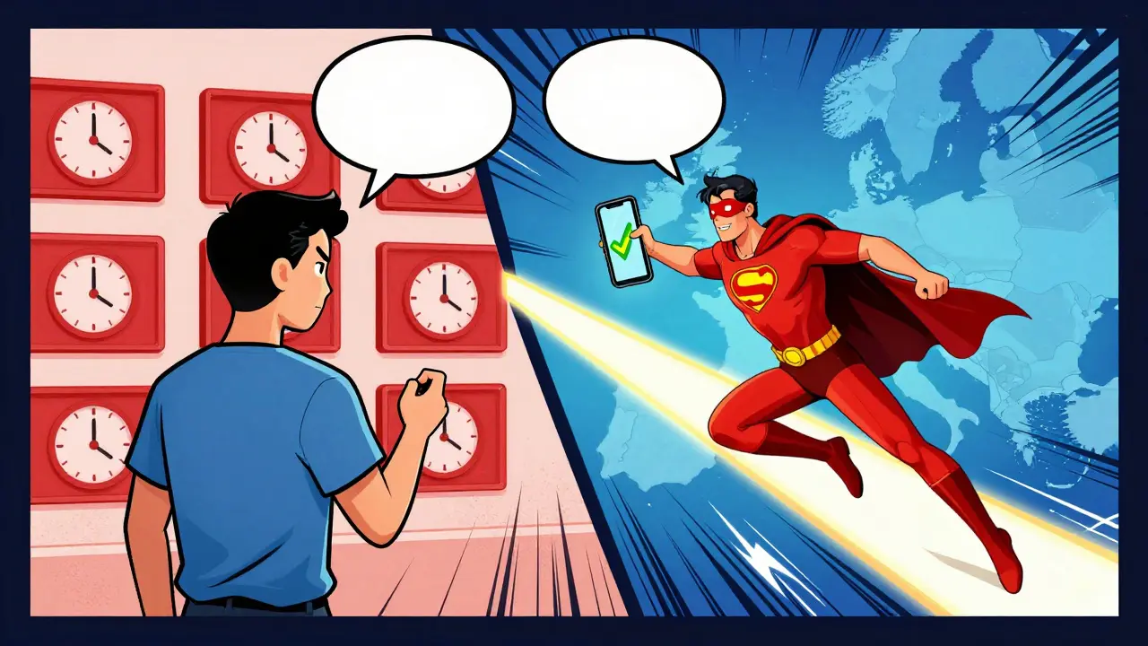 Comic comparison of slow banks vs fast crypto transfers