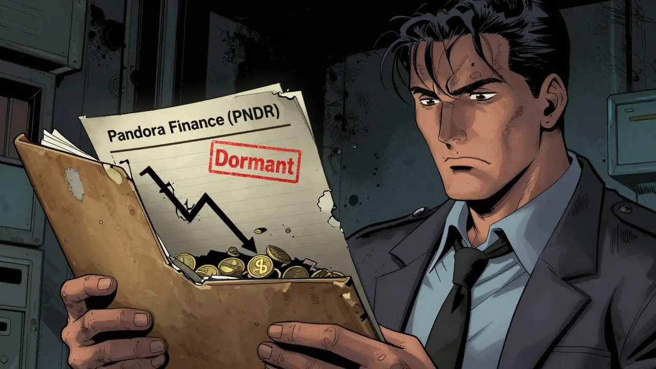 Comic detective examining evidence of a failed crypto project's decline.