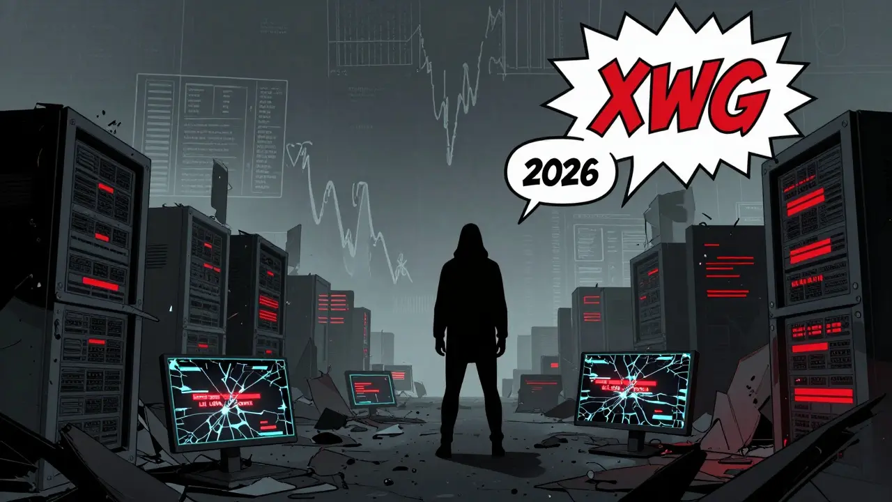 Comic illustration of a lonely figure in a decaying digital world representing inactive XWG.