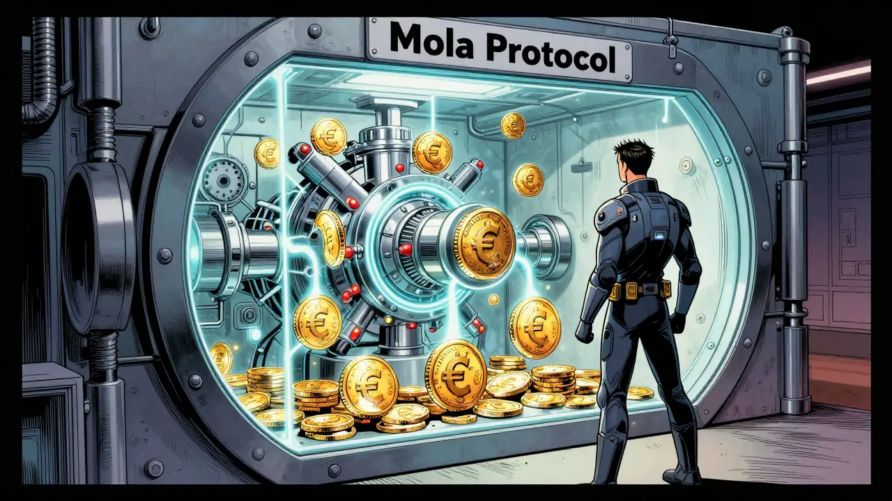 Comic illustration of algorithmic stablecoin minting process