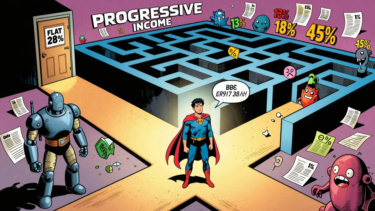 Comic illustration of choosing between flat tax rate and progressive income brackets