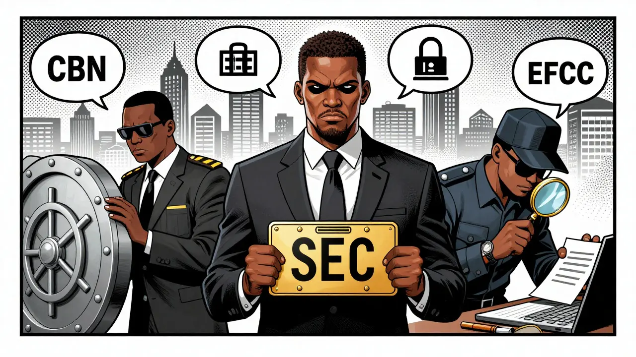 Comic panel: Three regulators (SEC, CBN, EFCC) overseeing crypto market compliance.