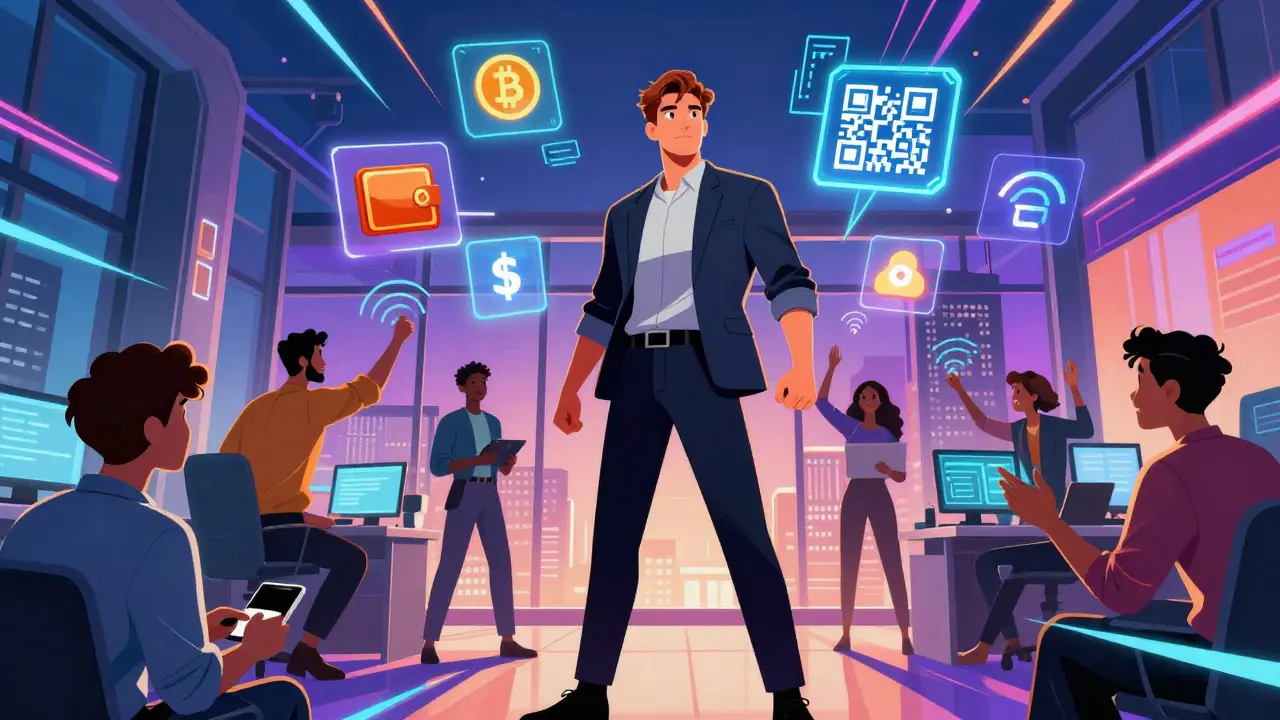 Comic style image of entrepreneur integrating mobile crypto payments