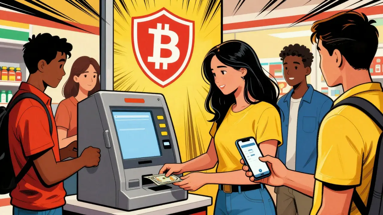 Comic style image of people buying Bitcoin easily at a store kiosk