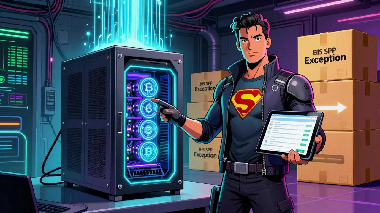 Comic style image of Syrian entrepreneur using imported crypto mining hardware