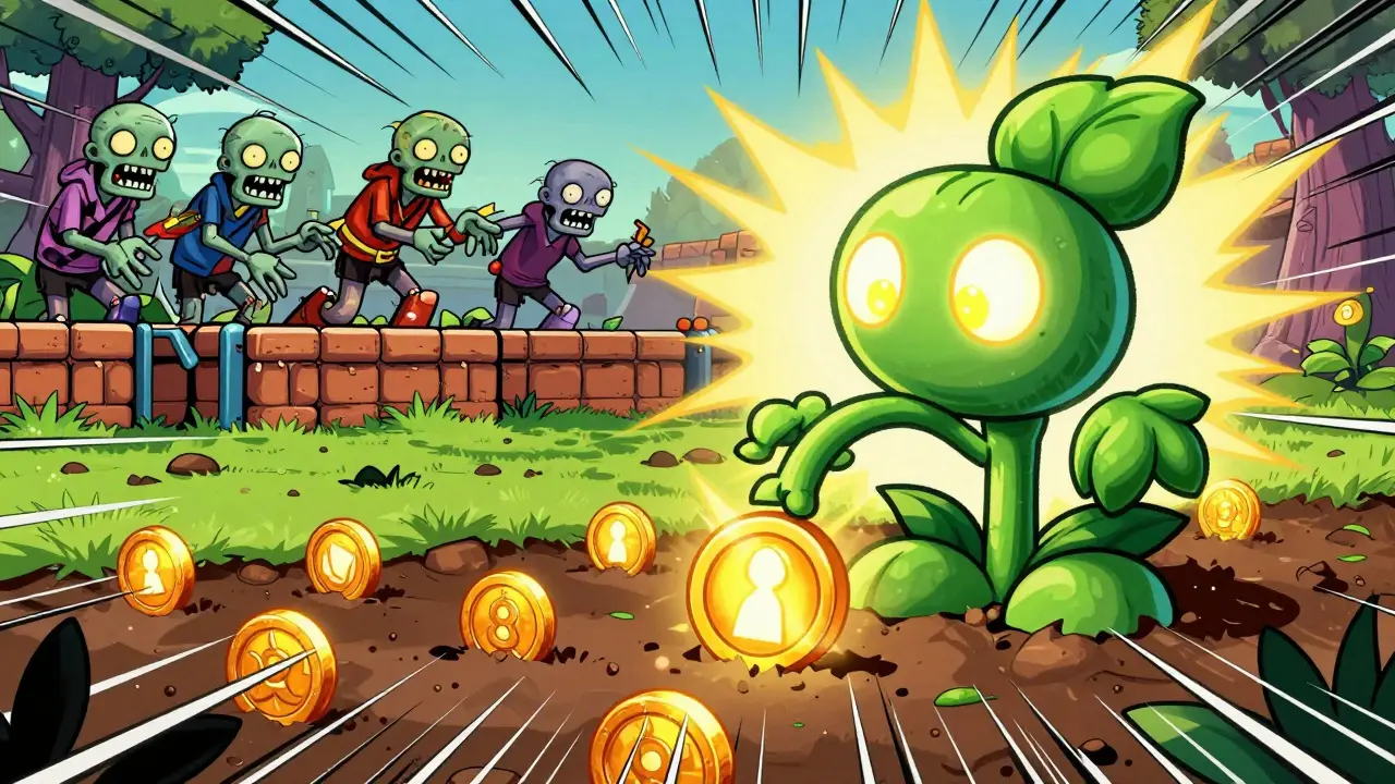 Comic style NFT plant harvesting energy while fighting zombies