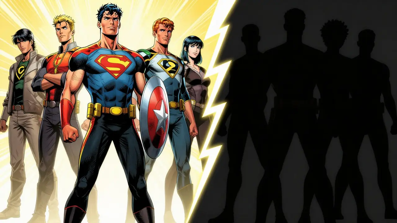 Contrast between established heroes and anonymous villain