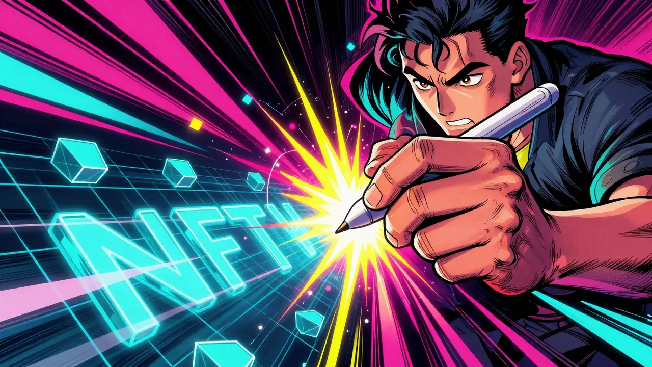 Digital artist creating AI art with glowing stylus in comic style