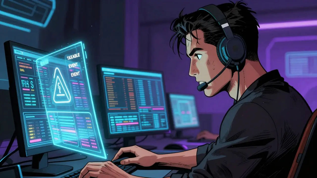 Hero character analyzing holographic crypto data screens for taxable events.
