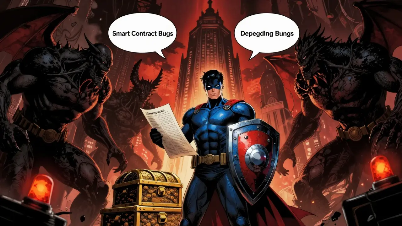 Hero defending against smart contract risks in comic style