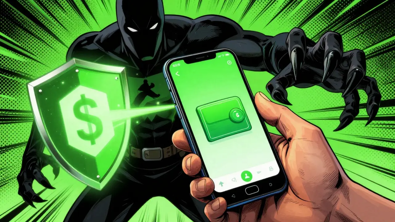 Hero defending wallet from scammer shadows in comic art
