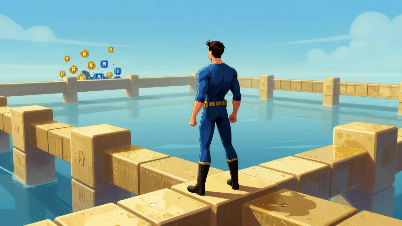 Hero on secure blockchain bridge avoiding scams in comics