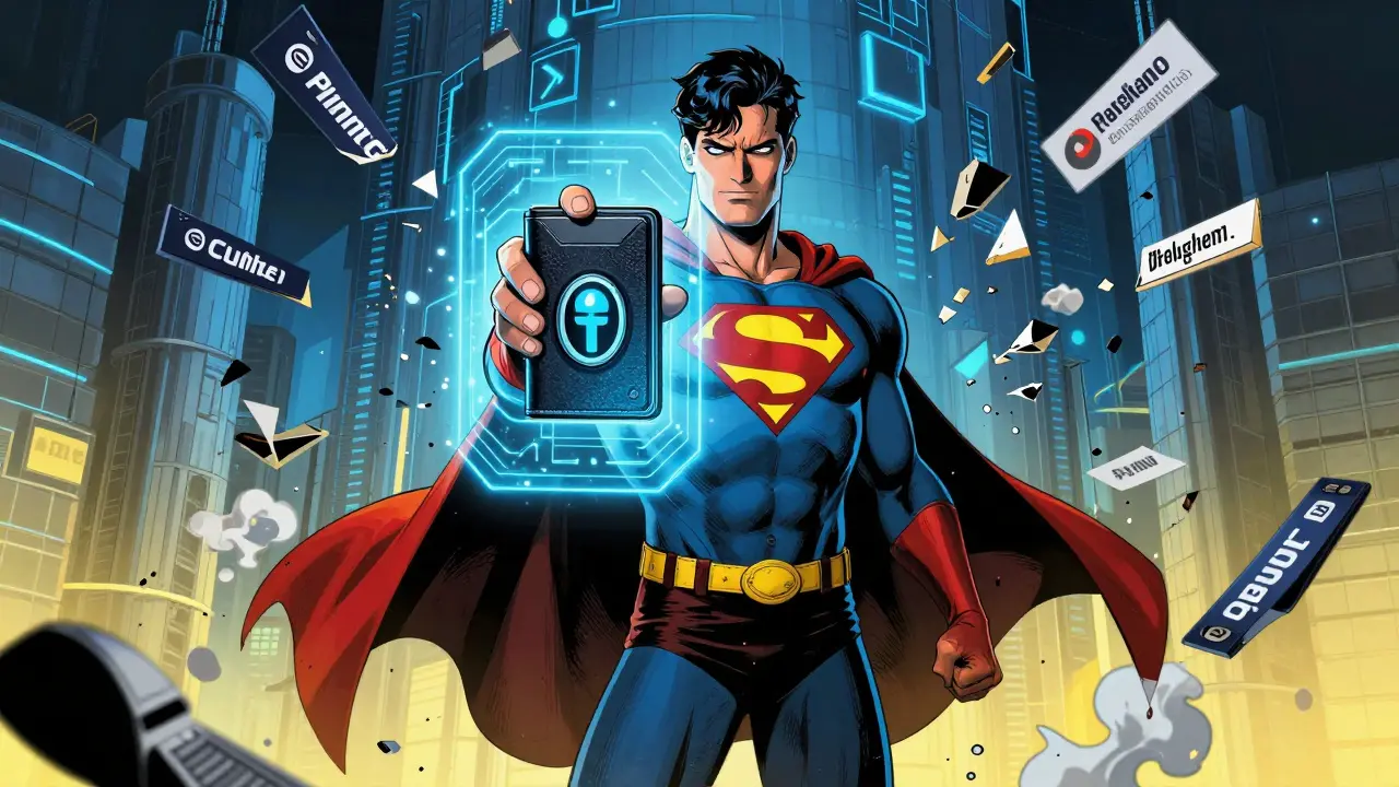 Hero protecting hardware wallet with shield against digital threats