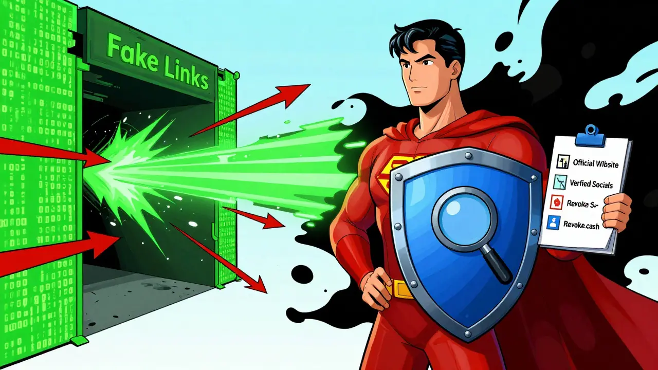 Hero using a verification shield to block malicious scam links.