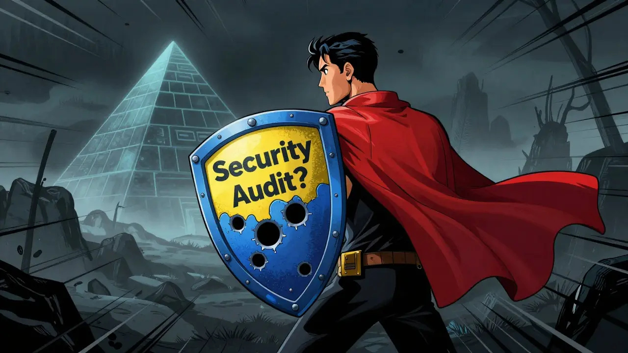 Hero with broken security shield facing dangerous DeFi fog