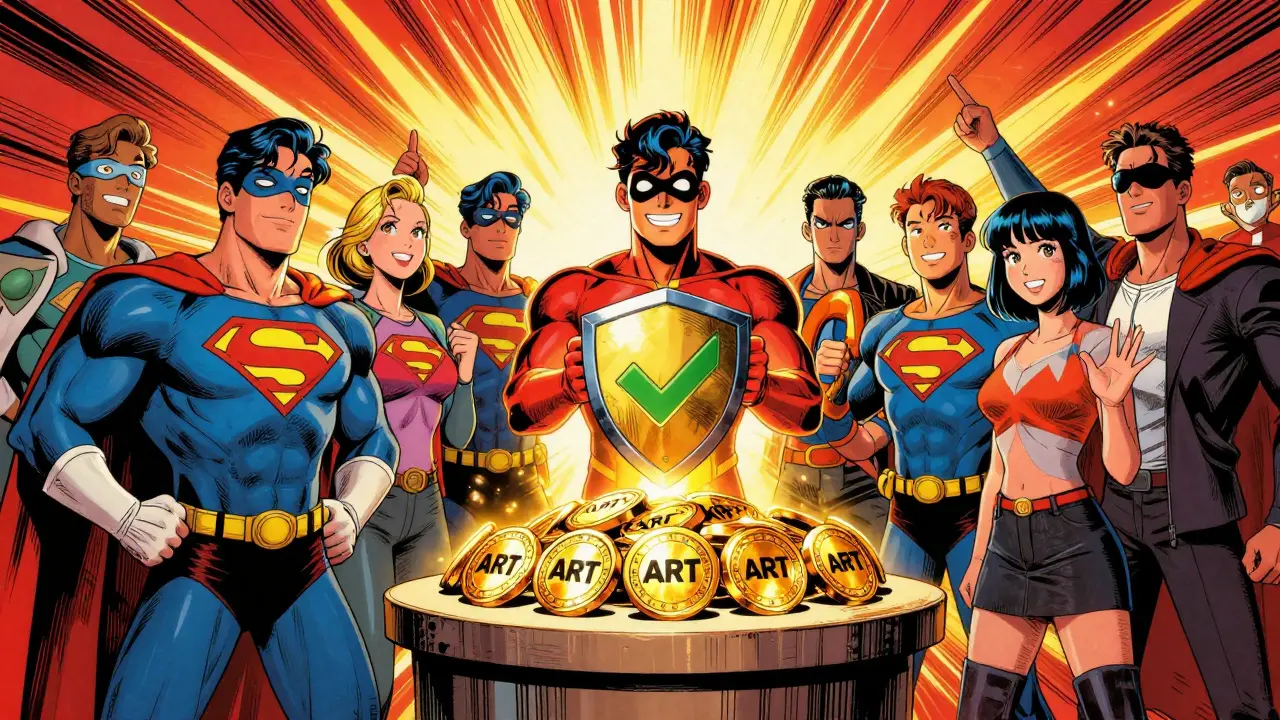 Heroes celebrating token distribution in vibrant comic art