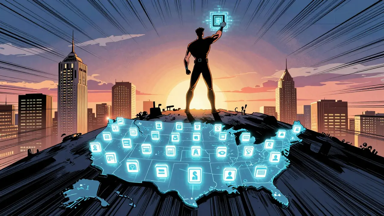 Heroic comic art showing Bitcoin kiosk network expanding across cities