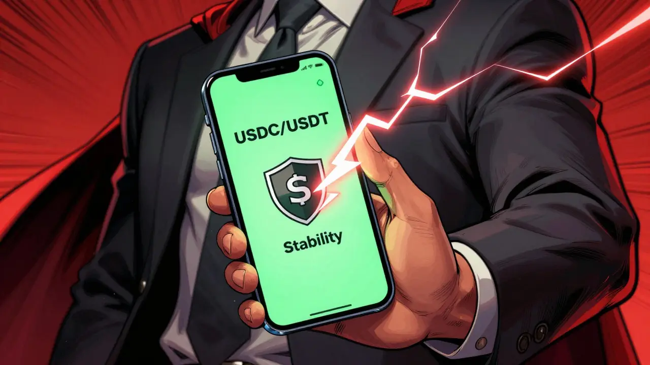 Heroic comic illustration of stablecoins blocking price volatility
