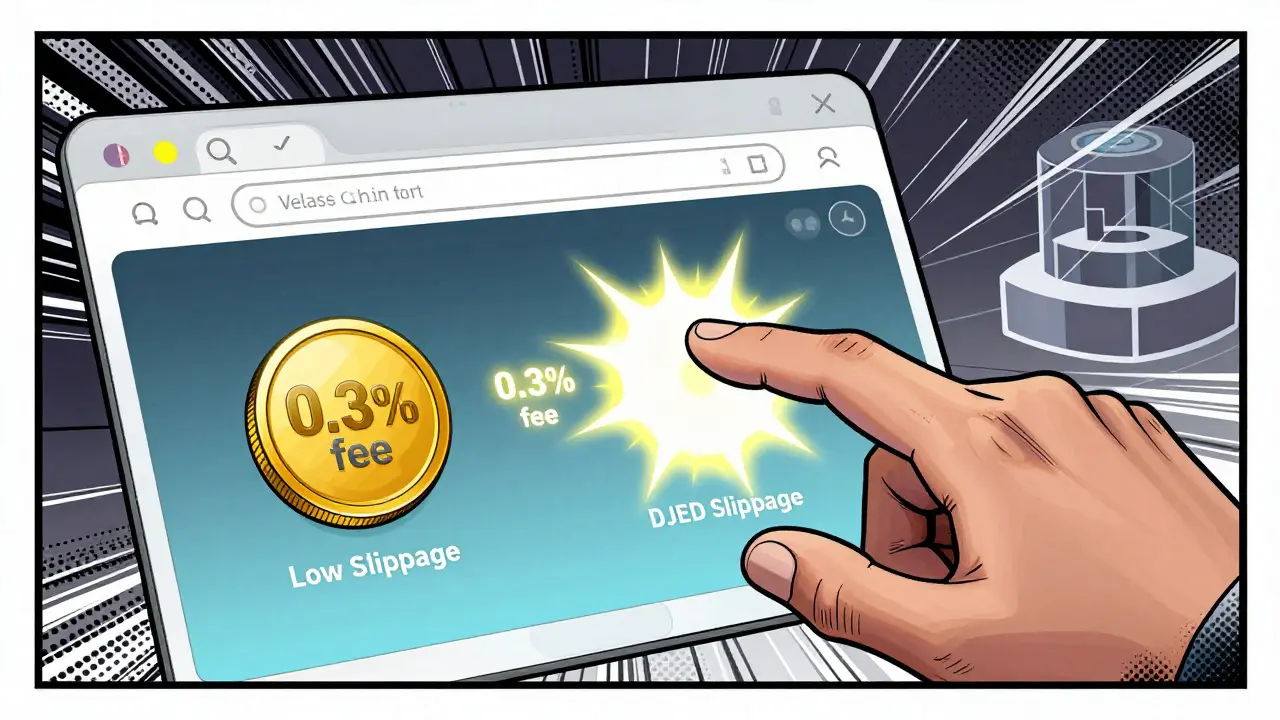Holographic screen showing ADA to DJED token swap with low fees