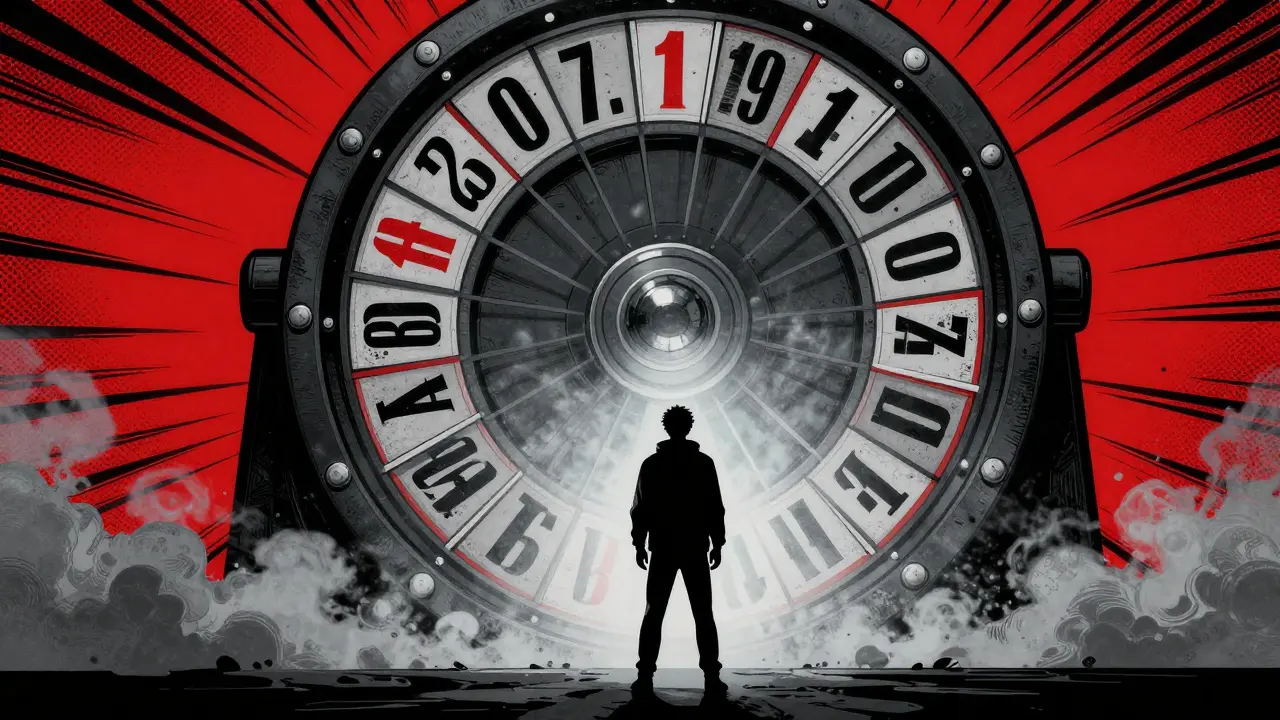 Person facing a mysterious lottery wheel in comic book art