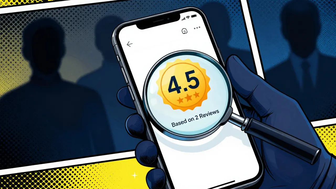 Smartphone showing deceptive 4.5 star rating based on only two reviews