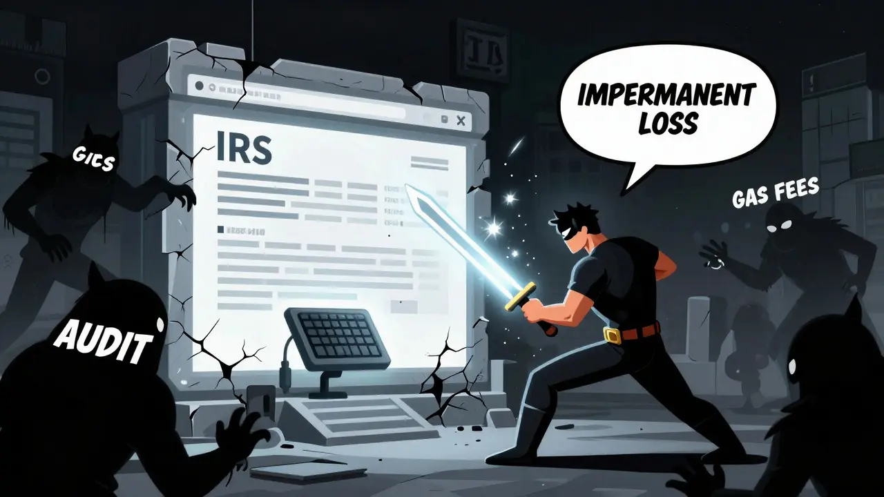 Superhero battling shadow monsters representing tax audits and fees with a keyboard.