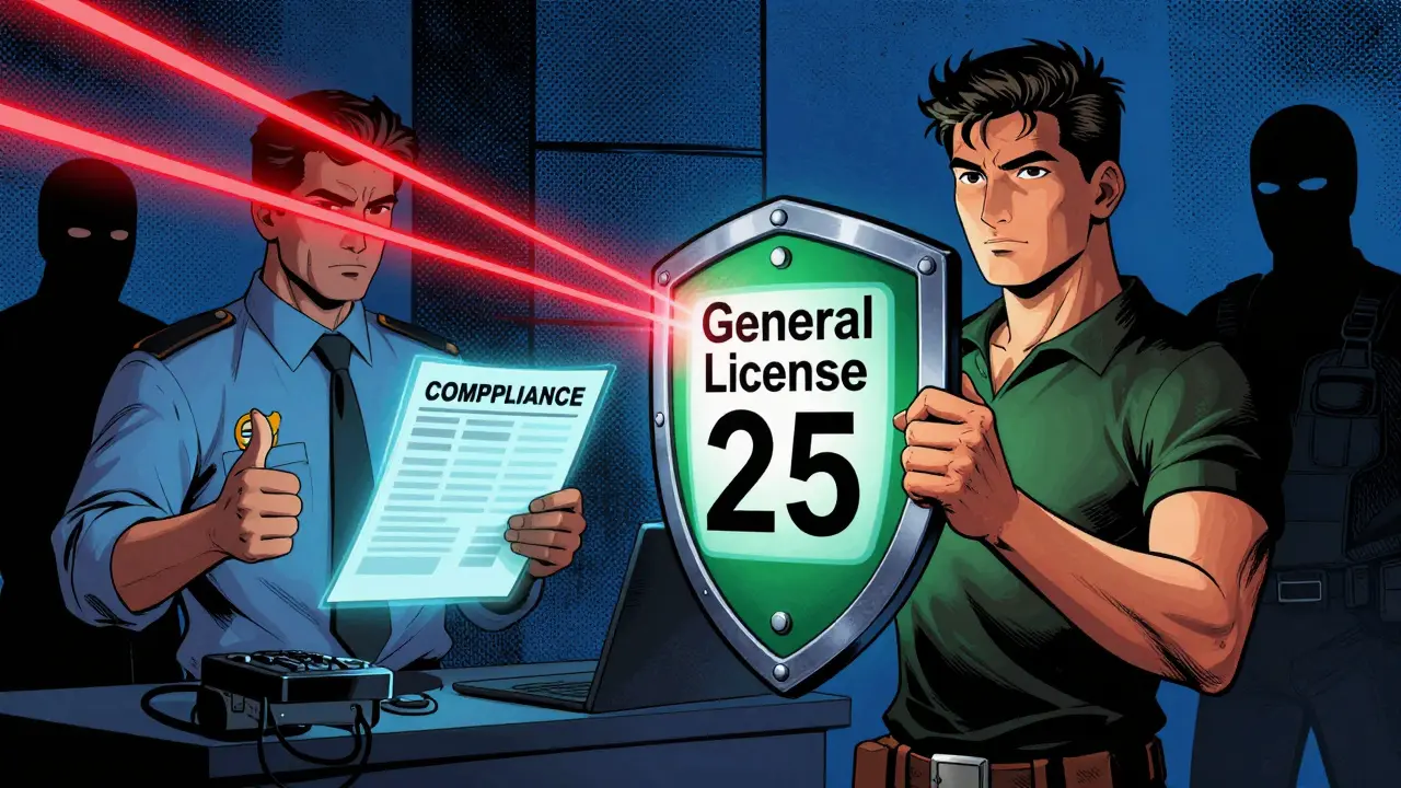 Superhero comic showing user protected by General License 25 shield from compliance risks