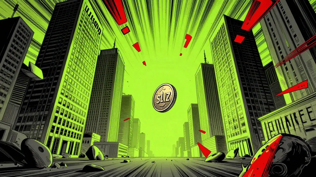 Tiny SLIZ coin dwarfed by giant exchange buildings in comic style
