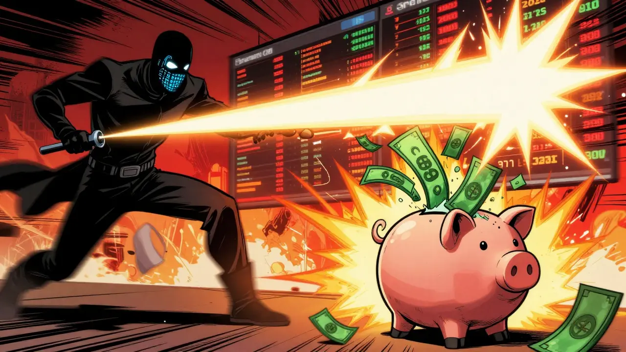 Villain using flash loans to drain crypto reserves in comic style