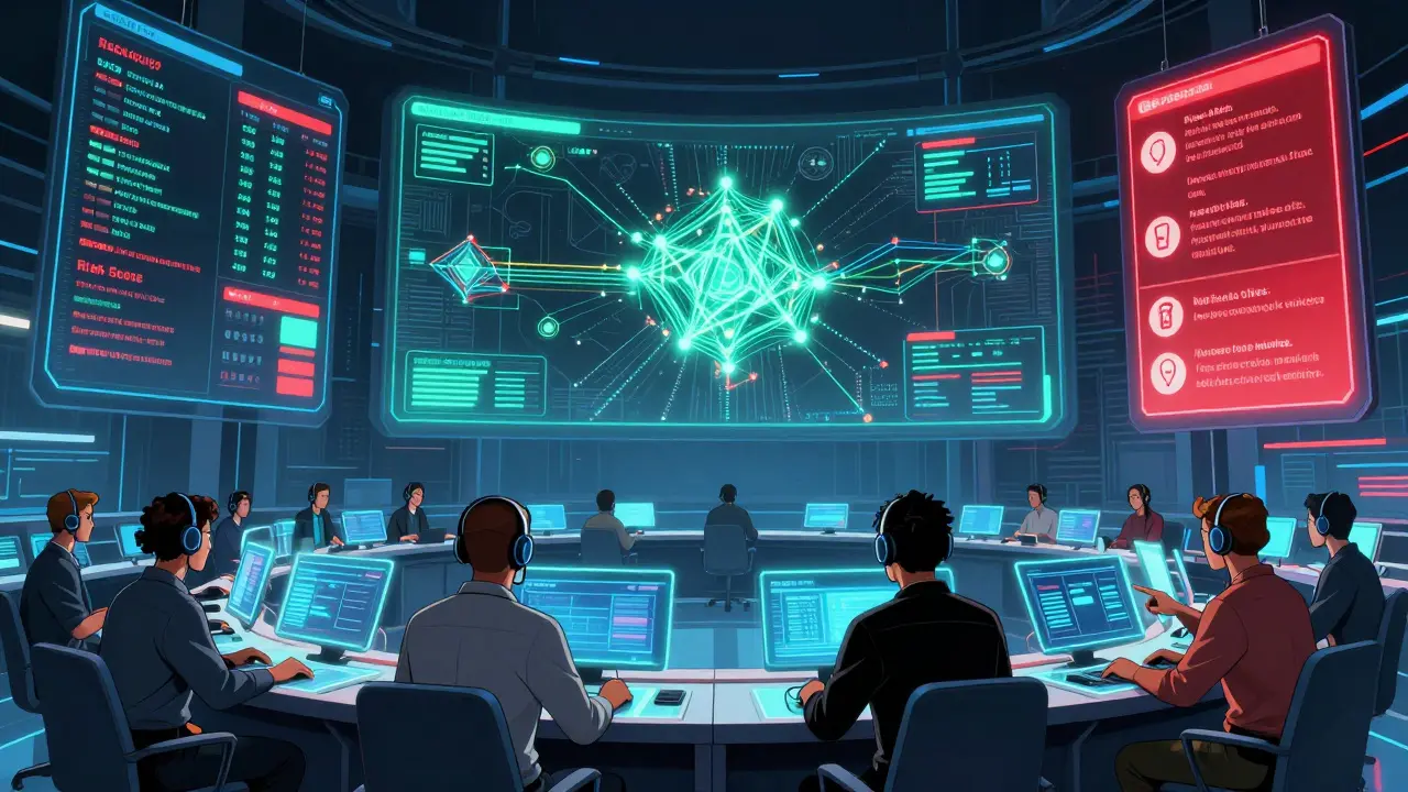 Analysts monitoring blockchain transactions on holographic screens