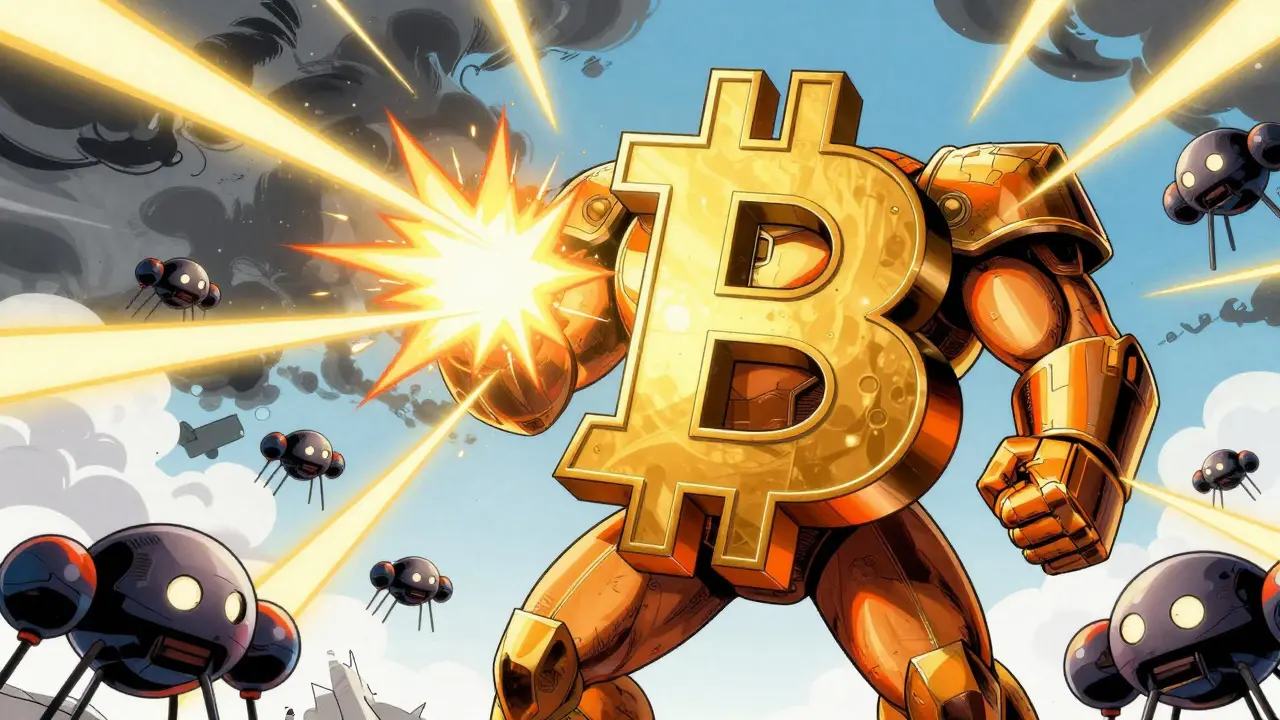 Armored Bitcoin hero deflecting hash power attacks in comic art