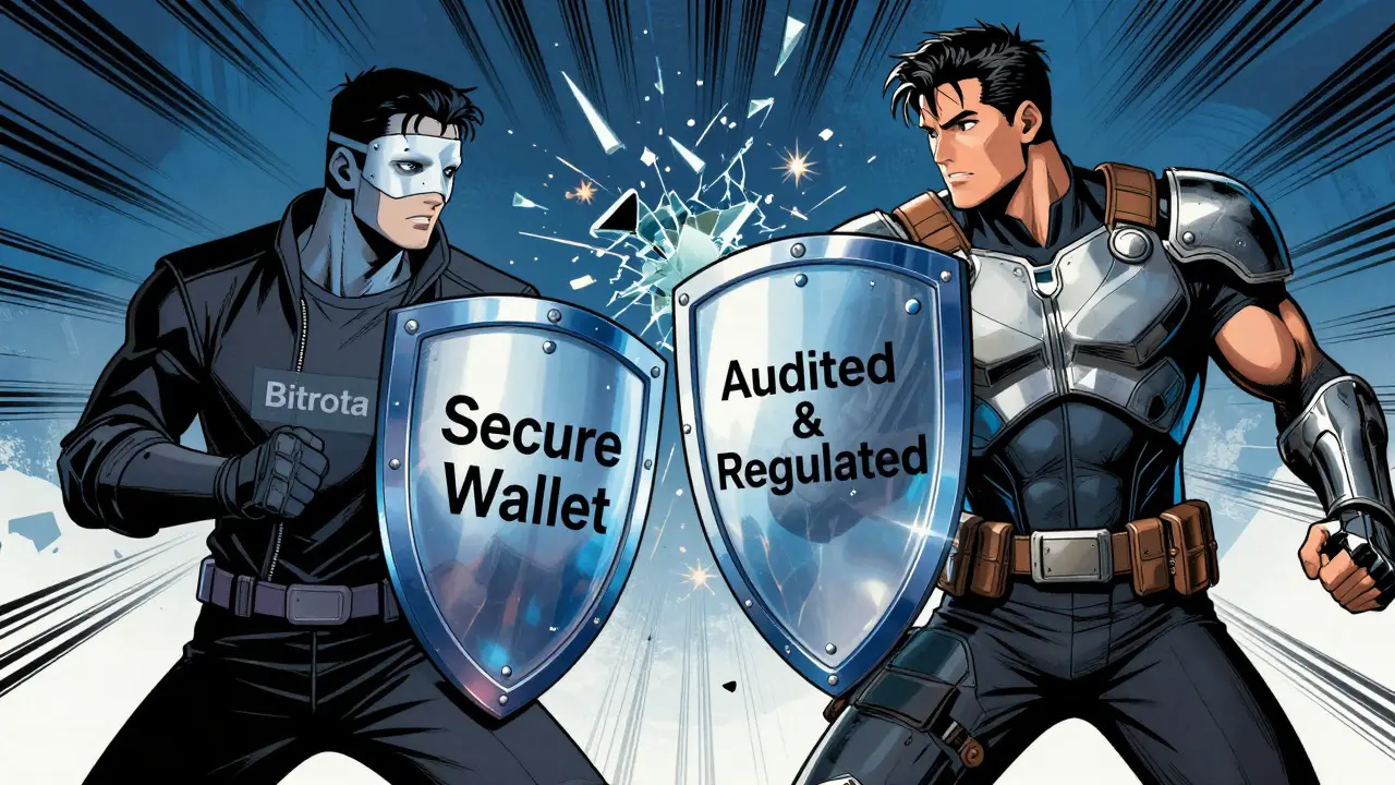 Comic art comparing a masked unverified exchange against a hero representing secure, audited platforms.