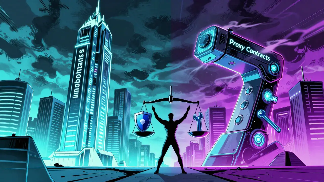 Comic art comparing rigid immutable vs flexible proxy contracts