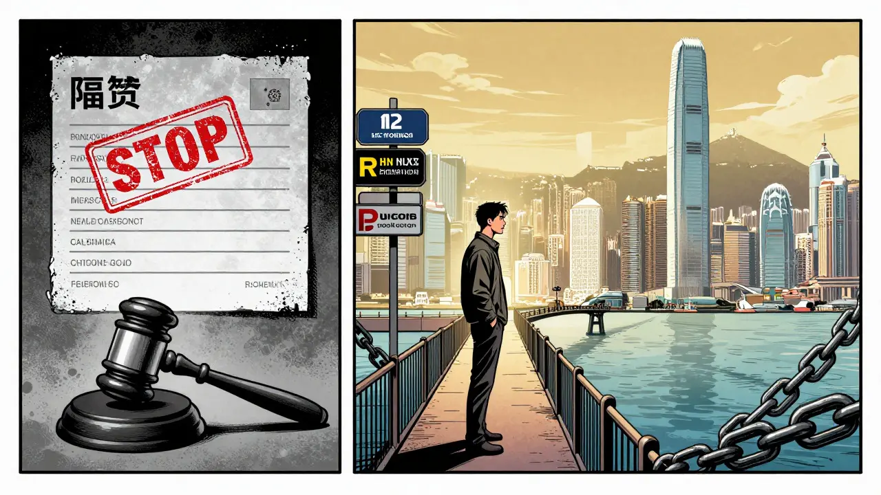 Comic art comparing strict mainland bans with regulated Hong Kong crypto access.