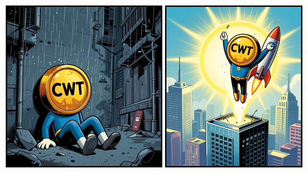 Comic art contrasting low and high CWT token value scenarios