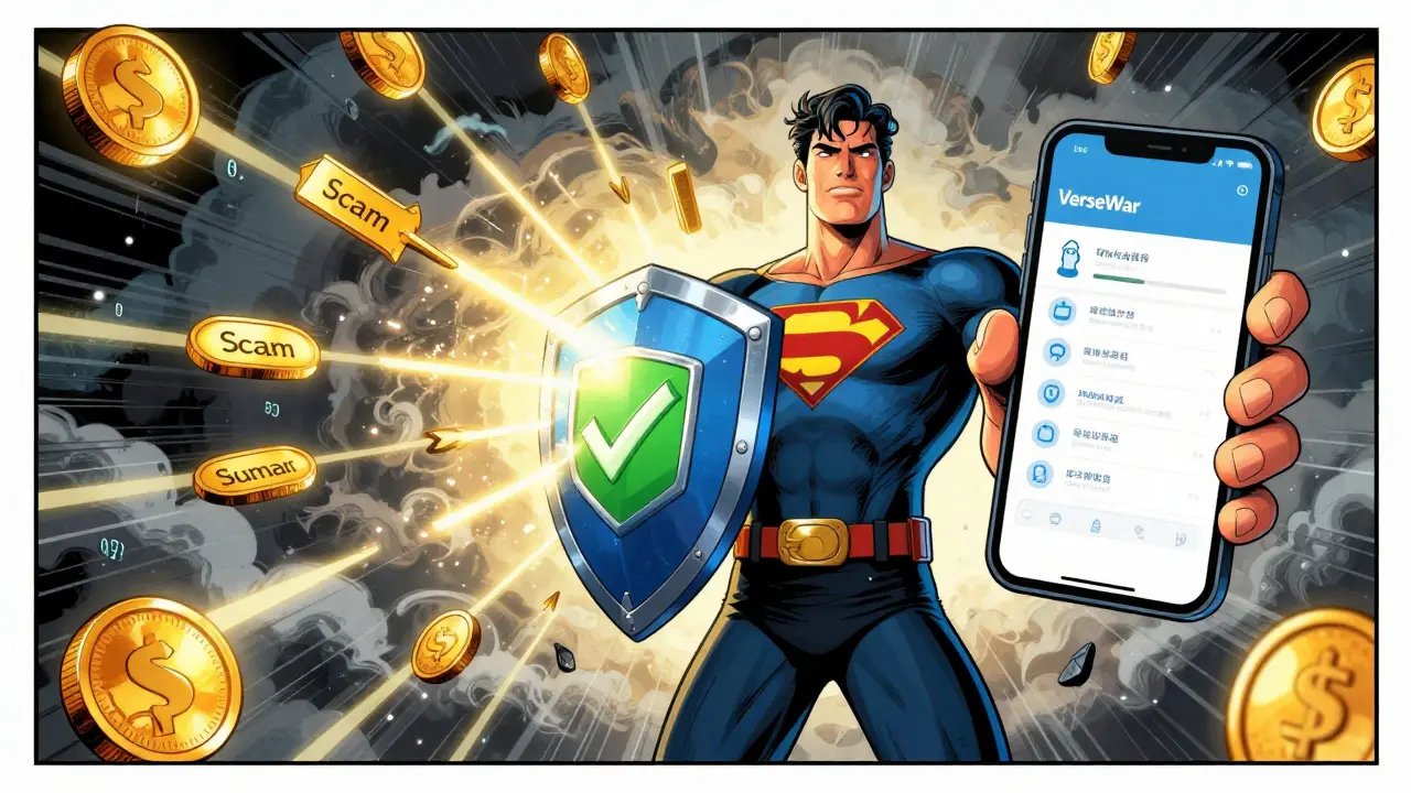 Comic art of a hero defending against scams while holding a secure wallet.