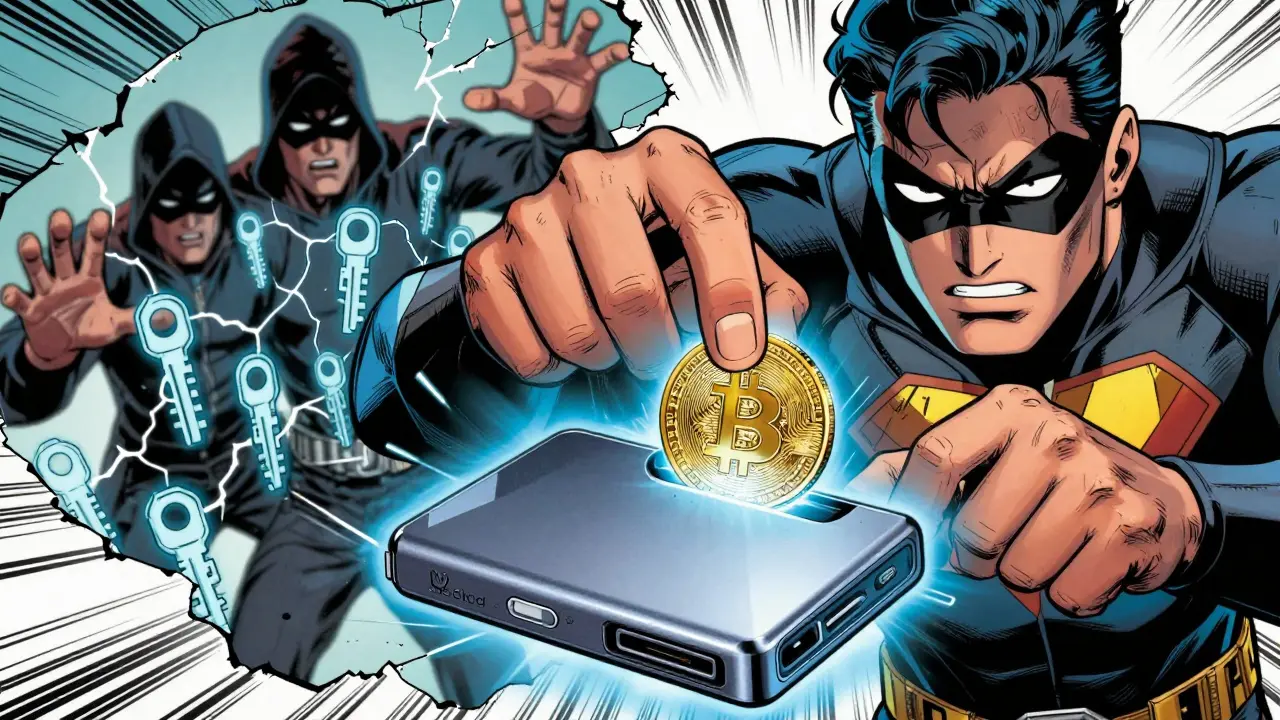 Comic art of a hero securing crypto in a hardware wallet against hackers.
