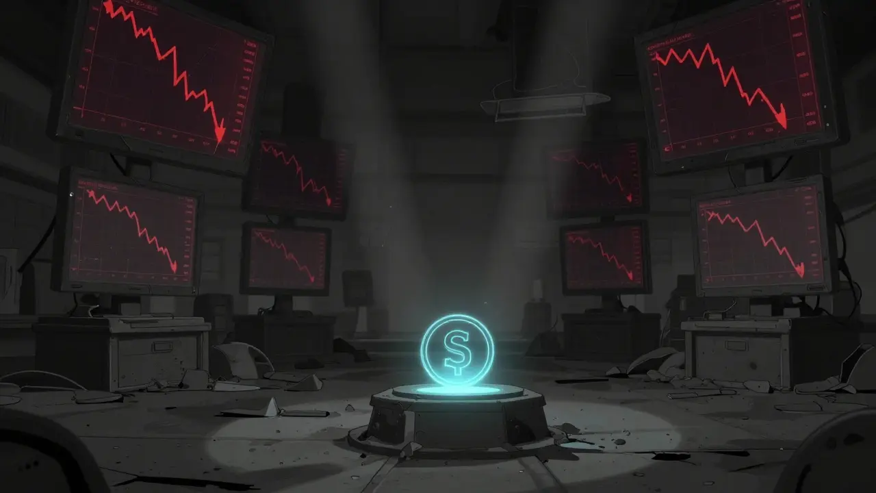 Comic art of a lone crypto token on a pedestal in a dark, empty market