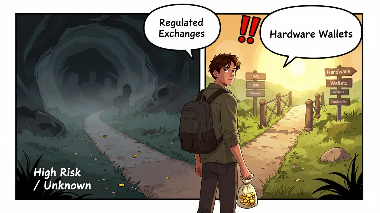 Comic art of a trader choosing between a risky unknown path and a safe regulated route.
