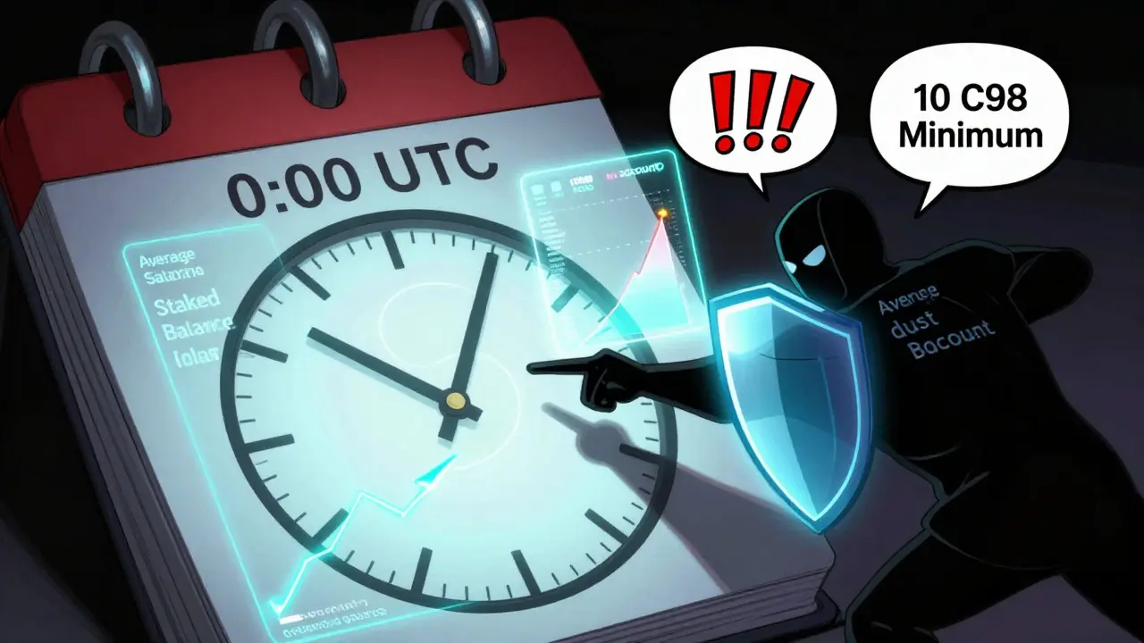Comic art of clock and chart showing staking snapshot strategy
