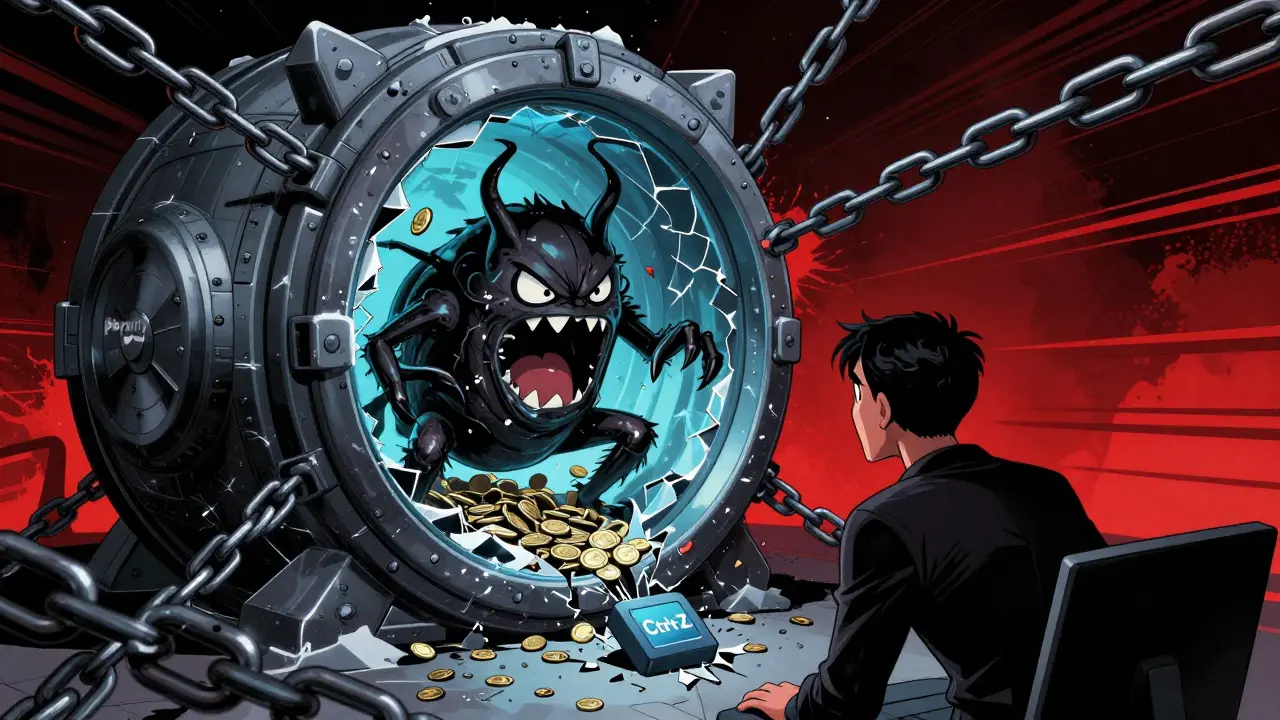 Comic art of frozen vault trapping funds after smart contract bug