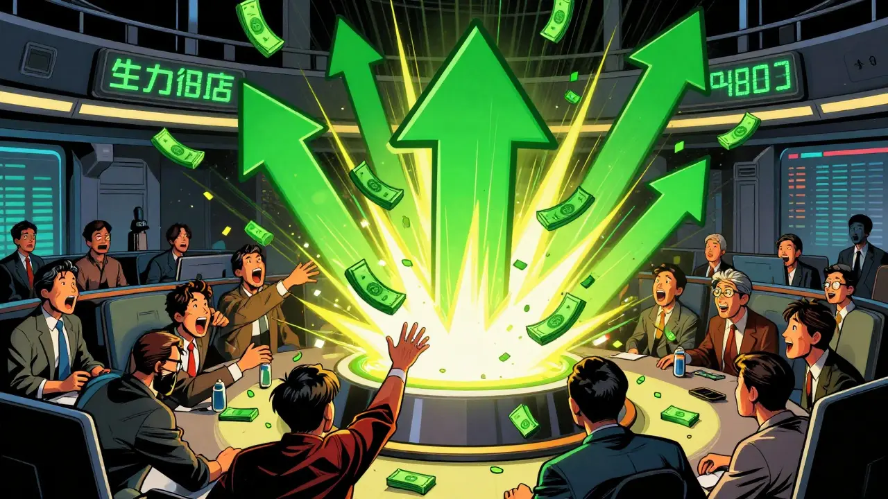 Comic art of Korean traders reacting to a new crypto listing