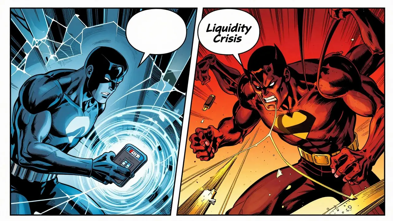 Comic art of trader facing liquidity crisis villain with breaking gold threads
