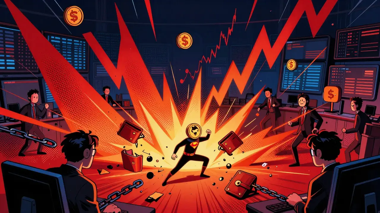 Comic art showing a fragile token being crushed by volatile market forces
