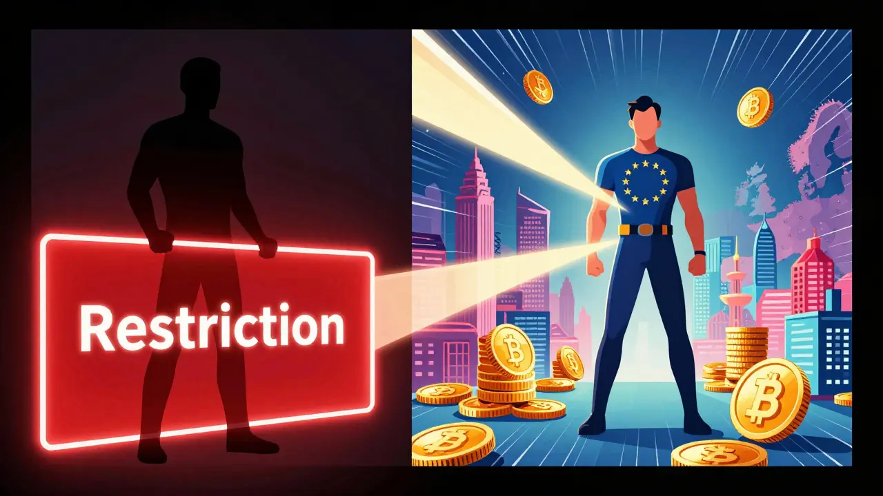 Comic art showing barriers for non-EU providers vs authorized EU entities