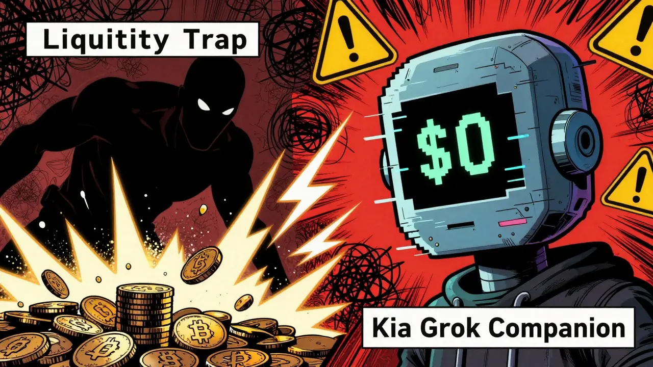 Comic art showing liquidity traps and zero-value AI tokens as looming threats.